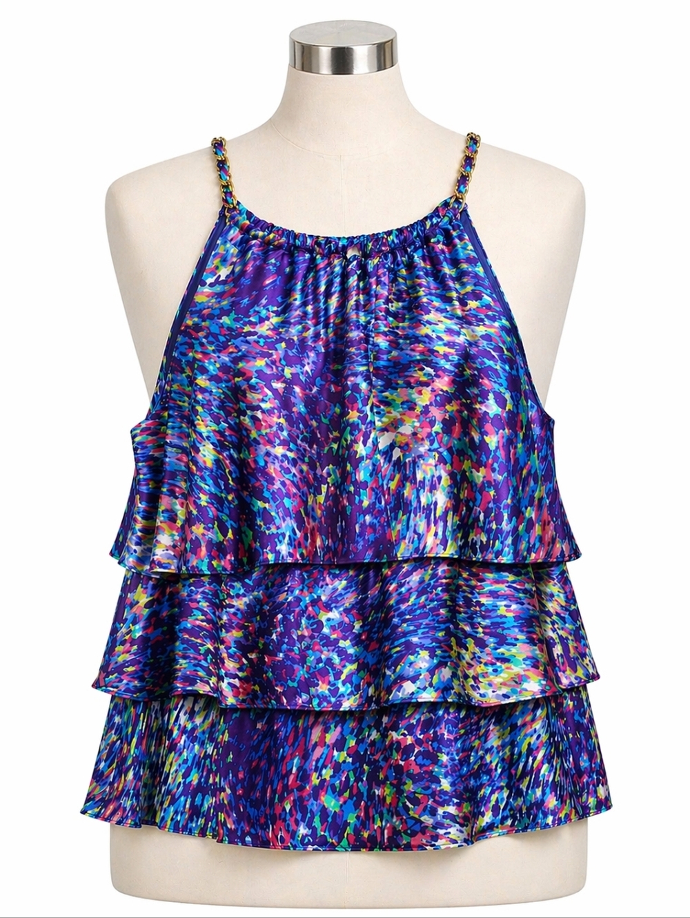Jackie Jon Multicolor Satin Chain Detail Tiered Halter Top Sz  M Petite-Glam